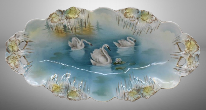 R.S. Prussia Icicle Mold 12" x 6" relish tray, Swans on Lake, red mark