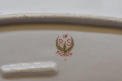 R.S. Prussia Icicle Mold 12" x 6" relish tray, Swans on Lake, red mark - 7