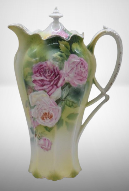 R.S. Prussia Mold 501 9.5"h chocolate pot, large pink roses, red mark