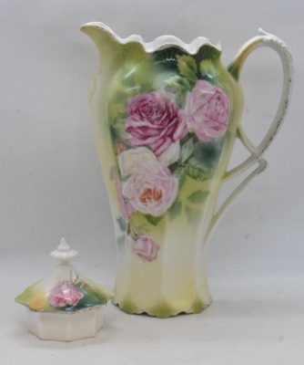 R.S. Prussia Mold 501 9.5"h chocolate pot, large pink roses, red mark - 5