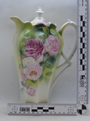 R.S. Prussia Mold 501 9.5"h chocolate pot, large pink roses, red mark - 9