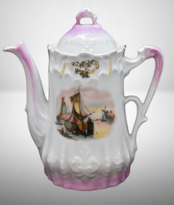 Mrkd. Made in Germany 6.5"h child's coffee pot, Dutch windmill and sailboats