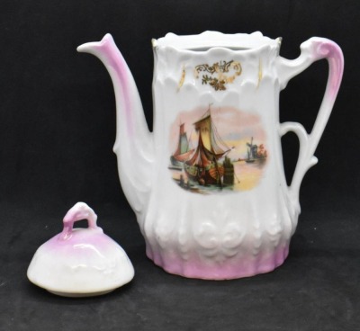 Mrkd. Made in Germany 6.5"h child's coffee pot, Dutch windmill and sailboats - 6