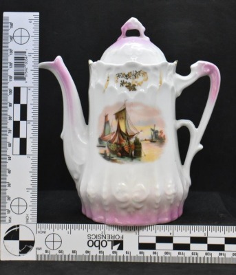 Mrkd. Made in Germany 6.5"h child's coffee pot, Dutch windmill and sailboats - 9