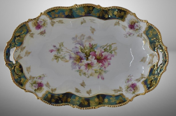 R.S. Prussia <Mold 343 bun tray, 12.5" x 8", multi-colored flowers