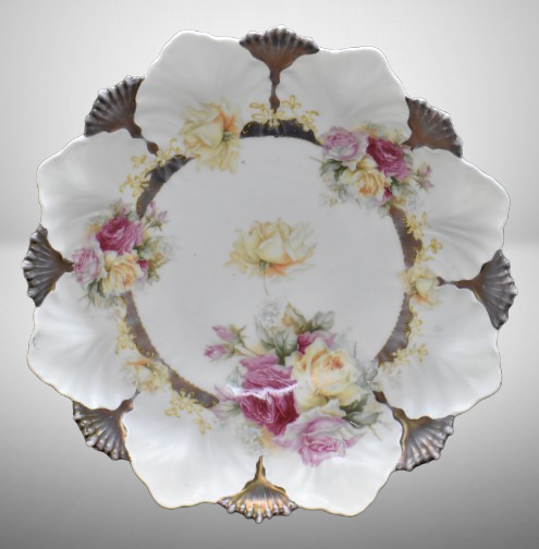 R.S. Prussia 10.5"d bowl, pink and yellow roses on satin finish