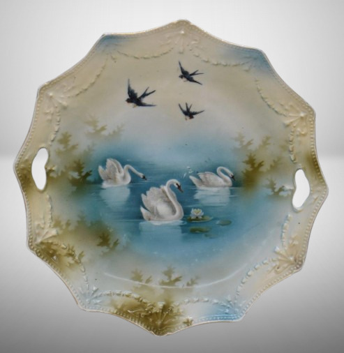 R.S. Prussia Mold 155 9.5"d cake plate, Swans on Lake w/ Swallows, red mark