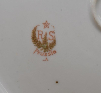 R.S. Prussia Mold 155 9.5"d cake plate, Swans on Lake w/ Swallows, red mark - 5