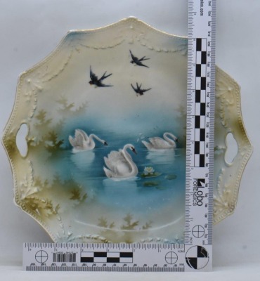 R.S. Prussia Mold 155 9.5"d cake plate, Swans on Lake w/ Swallows, red mark - 7