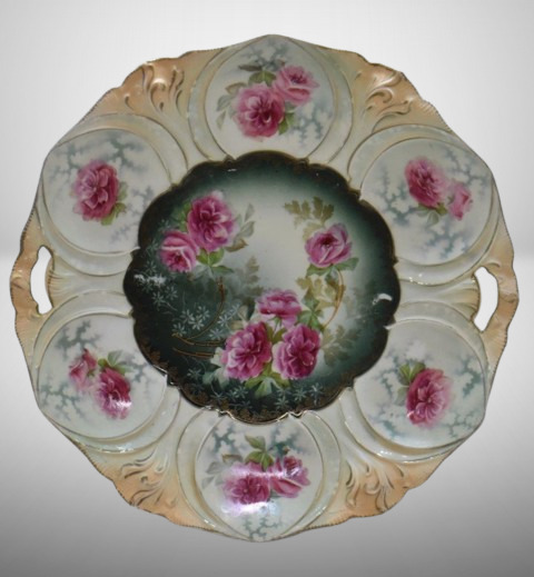 R.S. Prussia Mold 78 11"d cake plate, dark pink roses, red mark