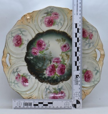 R.S. Prussia Mold 78 11"d cake plate, dark pink roses, red mark - 7