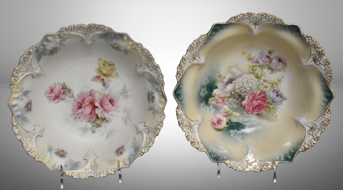 (2) R.S. Prussia Mold 82 bowls, floral designs, red marks