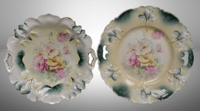 (2) R.S. Prussia Iris Mold cake plates w/multi-colored roses, red marks