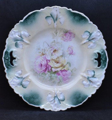 (2) R.S. Prussia Iris Mold cake plates w/multi-colored roses, red marks - 2