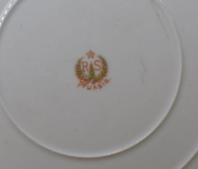 (2) R.S. Prussia Iris Mold cake plates w/multi-colored roses, red marks - 6