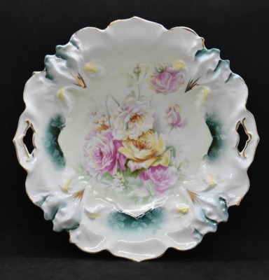 (2) R.S. Prussia Iris Mold cake plates w/multi-colored roses, red marks - 8