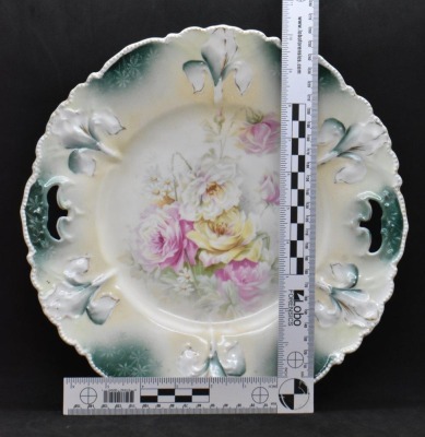 (2) R.S. Prussia Iris Mold cake plates w/multi-colored roses, red marks - 11