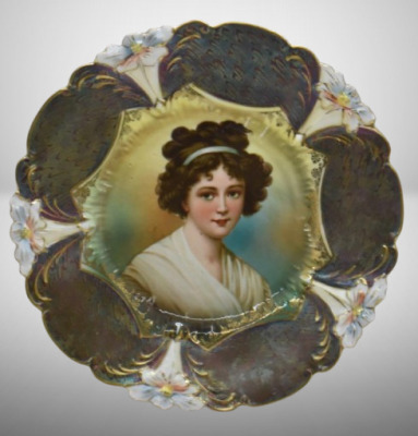 R.S. Prussia Lily Mold 8.5" plate featuring LeBrun I portrait, beautiful irid. border