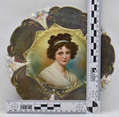 R.S. Prussia Lily Mold 8.5" plate featuring LeBrun I portrait, beautiful irid. border - 6