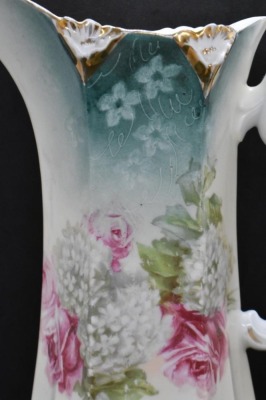 R.S. Prussia Mold 587 11.5"h tankard, pink roses and snowballs, red mark - 5