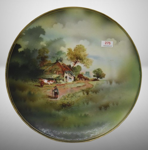 R.S. Prussia 11"d plaque, cottage scene/ cattle/ farmer, red mark