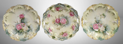 (3) R.S. Prussia Mold 82 cake plates, 9.5"d, Roses, red marks