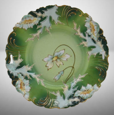 Mrkd. Germany Saxe Altenburg 10.5"d cake plate, floral design on green tones