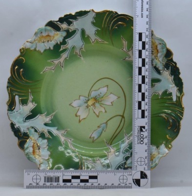 Mrkd. Germany Saxe Altenburg 10.5"d cake plate, floral design on green tones - 6