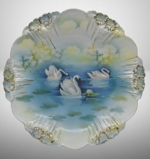 R.S. Prussia Icicle Mold 9"d plate, Swans on Lake, red mark