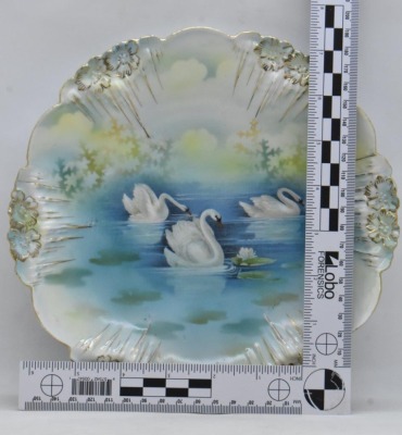 R.S. Prussia Icicle Mold 9"d plate, Swans on Lake, red mark - 6