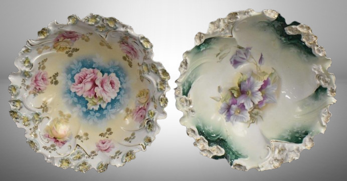 (2) R.S. Prussia Mold 57 10.5"d bowls: 1-pink roses; 1-lilac Clematis, circle mold marks