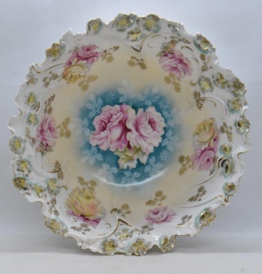 (2) R.S. Prussia Mold 57 10.5"d bowls: 1-pink roses; 1-lilac Clematis, circle mold marks - 2