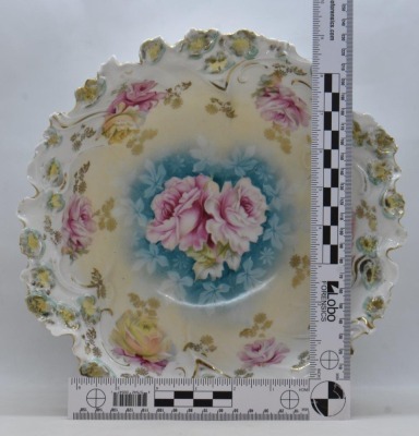 (2) R.S. Prussia Mold 57 10.5"d bowls: 1-pink roses; 1-lilac Clematis, circle mold marks - 8