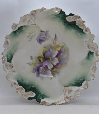 (2) R.S. Prussia Mold 57 10.5"d bowls: 1-pink roses; 1-lilac Clematis, circle mold marks - 10