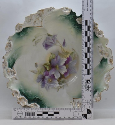 (2) R.S. Prussia Mold 57 10.5"d bowls: 1-pink roses; 1-lilac Clematis, circle mold marks - 15