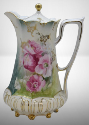 R.S. Prussia Mold 632 8.5"h chocolate pot, pink poppies, red mark