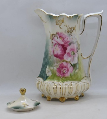 R.S. Prussia Mold 632 8.5"h chocolate pot, pink poppies, red mark - 6