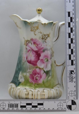 R.S. Prussia Mold 632 8.5"h chocolate pot, pink poppies, red mark - 9