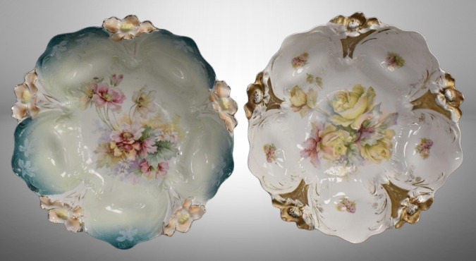 (2) R.S. Prussia Lily Mold 10.5"d bowls, floral designs