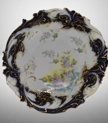 R.S. Prussia 10"d cobalt bowl, lilacs, circle mold mark