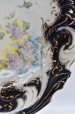 R.S. Prussia 10"d cobalt bowl, lilacs, circle mold mark - 3