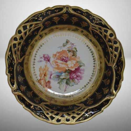 Handpainted porcelain 10.25" bowl, large roses in center surrounded by wide black border and heavy gold, circle mold mark