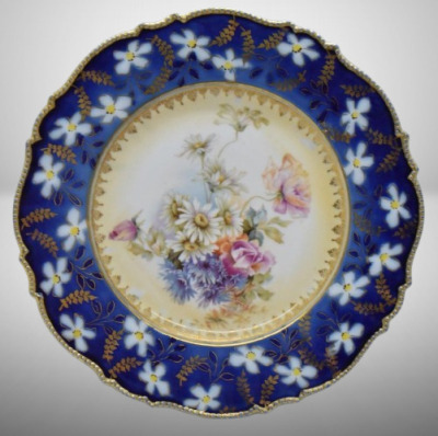 R.S. Prussia Mold 343 9"d plate, mixed flowers w/ wide cobalt border