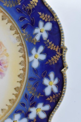 R.S. Prussia Mold 343 9"d plate, mixed flowers w/ wide cobalt border - 3