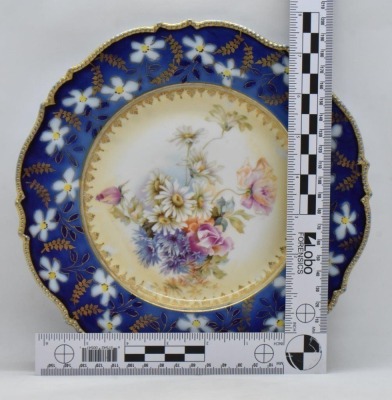 R.S. Prussia Mold 343 9"d plate, mixed flowers w/ wide cobalt border - 5