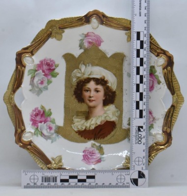 R.S. Prussia Ribbon and Jewel 10.5"d cake plate featuring LeBrun II portrait on gold stippled background, red mark - 8