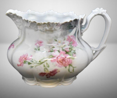 R.S. Prussia melon-shaped 5.5"h lemonade/cider pitcher, pink and white blossoms, red mark