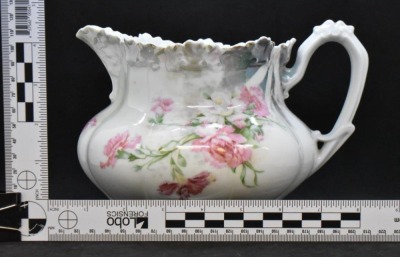 R.S. Prussia melon-shaped 5.5"h lemonade/cider pitcher, pink and white blossoms, red mark - 7