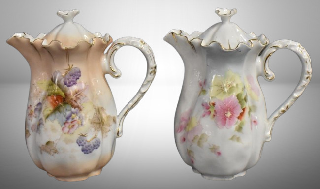 (2) RSP Old Mold 7.5" chocolate pots, floral designs