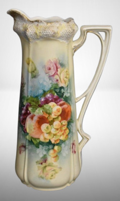 R.S. Prussia Stippled Floral Mold 13"h tankard, Fruit, red mark